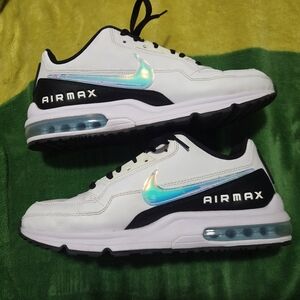 Mens Nike AirMax White Sneakers with Iridescent Blue Swoosh and Black Accents